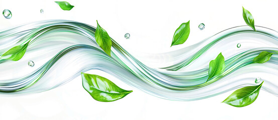 Poster - 3D render, glossy glass wavy line with green leaves flying around on a white background