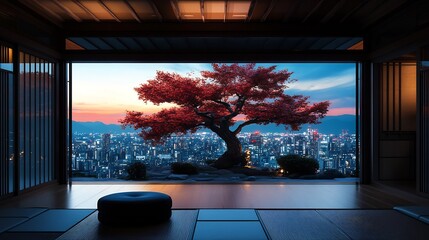 Sticker - Serene crimson tree framed by minimalist room glows softly at sunset. AI Generated