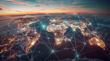 Poster - World Map with Glowing Network Connections at Sunset. Top View of Earth with Luminous Links Between Cities, Representing Worldwide Communication and Data Exchange.