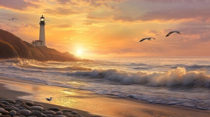 Wall Mural - Coastal sunset with lighthouse, waves, and birds. Perfect for travel or nature publications