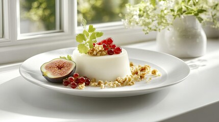 Wall Mural - Panna cotta dessert served on a white ceramic plate, adorned with currants, figs, and delicate flowers, placed on a sunny windowsill