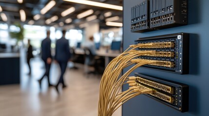 Poster - Close-up of a network switch with white cables in a data center, blue light, and blurred figures in a high-tech setting