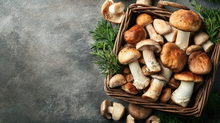 Canvas Print - A basket filled with assorted fresh mushrooms on a neutral surface with empty space.