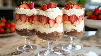 Wall Mural - Tall glass trifles featuring layers of chocolate sponge, strawberry slices, and cream, placed on a marble dessert table