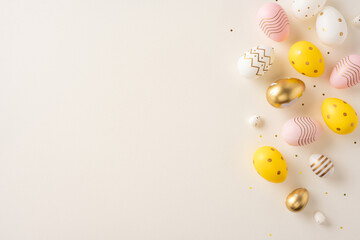 Wall Mural - a festive layout of golden, yellow, and pastel-colored decorated easter eggs on a neutral background