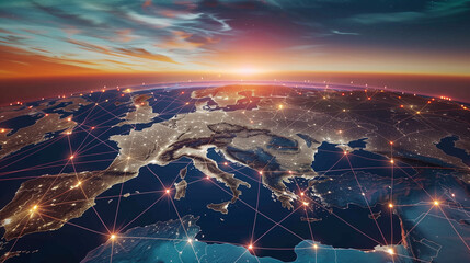Poster - World Map with Glowing Network Connections at Sunset. Top View of Earth with Luminous Links Between Cities, Representing Worldwide Communication and Data Exchange.