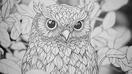 Wall Mural - Owl portrait, leaves background, nature art, coloring book