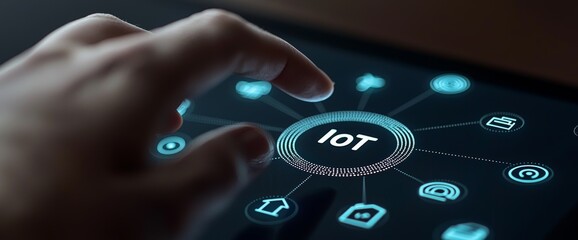 Poster - Touching a technology screen with a hand in IoT theme