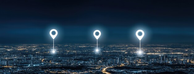 Poster - GPS markers hover in the night sky over a bustling cityscape, highlighting vibrant lights and an urban environment
