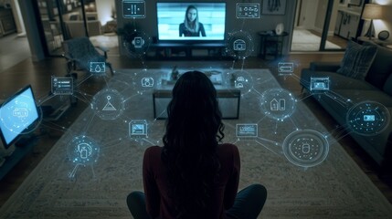 Aufkleber - Caucasian Woman in Loft Apartment Connecting Smartphone to Smart Home System. VFX Edit Visualizing Linked Devices. Laptop, TV, Speaker.