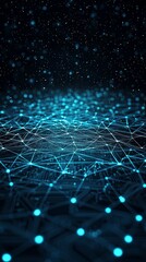 Fototapete - Background technology showing a quantum computing system with a cyber network grid and connected particles. Artificial neurons, global data connections - Stock Photo