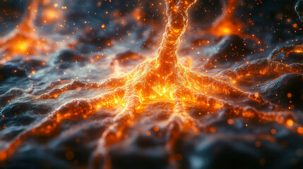 Poster - digital artistic representation of a neural system with glowing blue and orange nodes