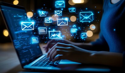 Fototapete - An online document management system and document database concept. Businesswoman working on a laptop with a virtual screen.