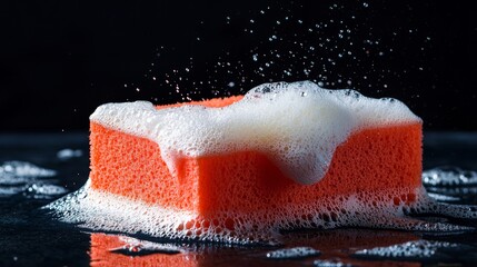 Aufkleber - An isolated red sponge in foam with bubbles and a soap foam isolated on a black background
