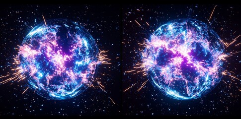 Leinwandbilder - An abstract orb shape with a particle energy burst visual effect, isolated on a black and alpha transparent PNG background