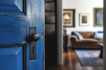 Sticker - Open blue door reveals cozy living room