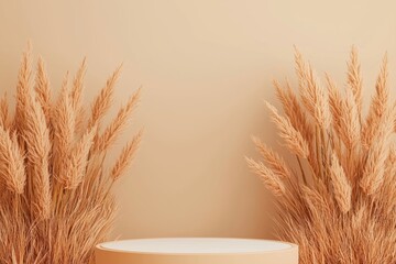 Poster - an abstract white cosmetic product on a minimalistic background with dried grass accents.