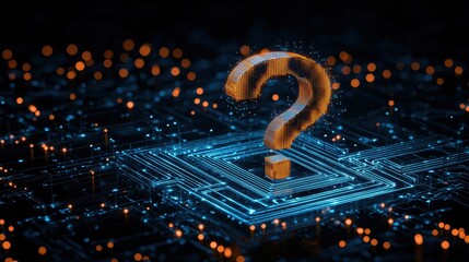 Poster - Digital Question Mark on a Circuit Board Background with Glowing Particles in Blue and Orange Colors for Technology and Innovation Concepts