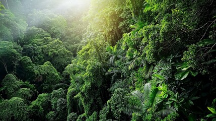 Poster - Lush tropical rainforest canopy aerial view vibrant nature scene serene environment captivating perspective