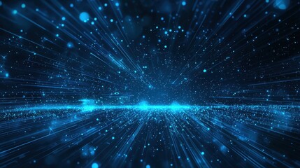Poster - Futuristic Blue Light Burst Abstract Background with Particle Showers in a Dynamic Space Environment for Technology or Sci-Fi Themes