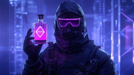 Poster - Futuristic Character in Dark Environment Holding Glowing Potion with Neon Elements and High-Tech Gear, Captured in a Sci-Fi Inspired Digital Realm