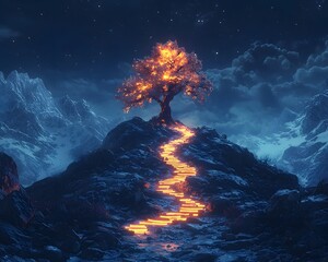 Poster - Enchanted Mountain Path Leading to Radiant Tree of Growth and Education
