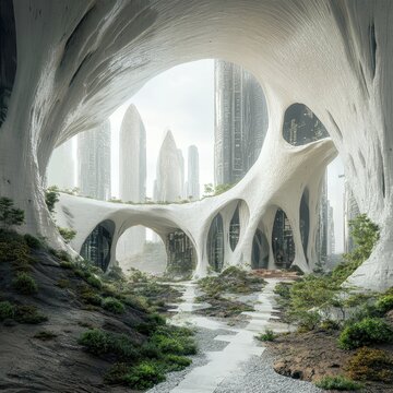 Futuristic city landscape featuring organic structures and modern buildings