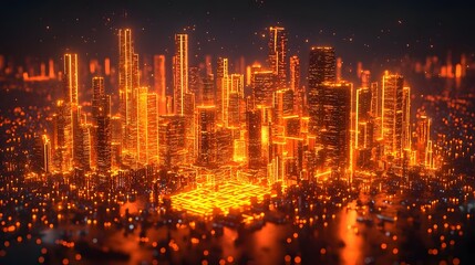 Poster - futuristic city glowing with knowledge symbols and children building the future