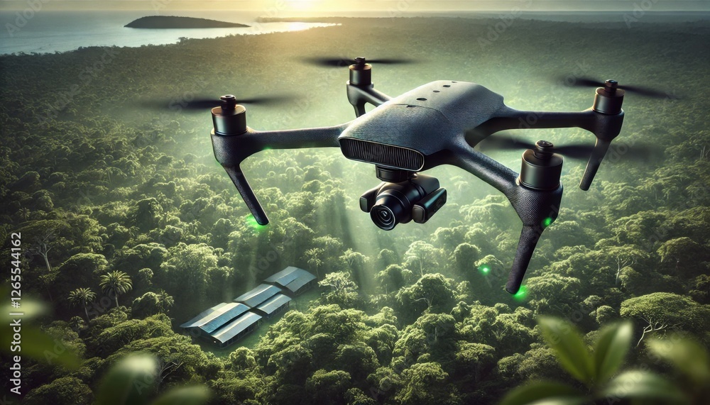 An advanced surveillance drone hovering over a dense jungle, equipped ...