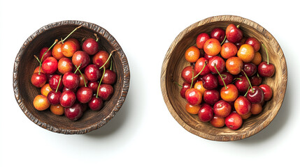 Wall Mural - Cherries in a wooden bowl bundle, side and top view, isolated on a white background.