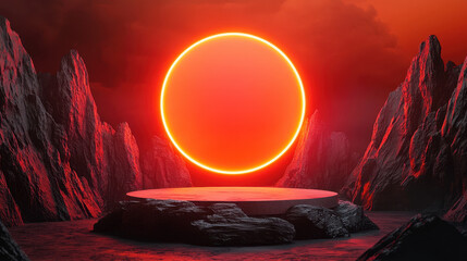 Poster - bold rock platform podium illuminated by glowing orange sun in futuristic landscape