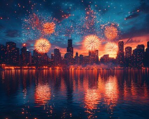 Sticker - Dazzling Fireworks Display Illuminates Vibrant City Skyline at Nightfall