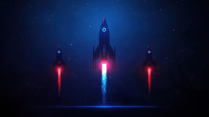 Poster - Futuristic Rocket Launch in Outer Space with Bright Flames and Starry Background for Science Fiction and Technology Themes