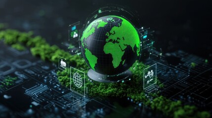 Poster - Green Digital Earth with Technology Icons and Circuit Board Background Representing Sustainability and Innovation in a Modern Environment