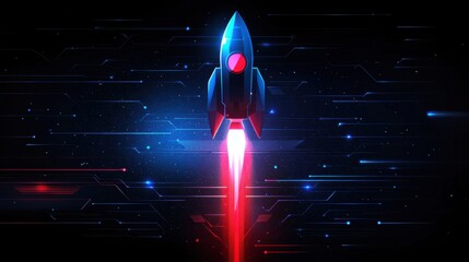 Poster - Futuristic Rocket Launching into Space with Vibrant Red Flames Against a Dark Starry Background in a Digital Style