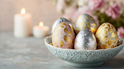 A decorative bowl holds beautifully painted Easter eggs surrounded by soft candlelight and flowers, creating a serene and festive atmosphere.