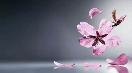 Poster - A delicate cherry blossom petal falling gently in nature studio setup close-up shot serene mood