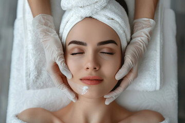 Wall Mural - A woman enjoying a facial mask treatment at a spa generative AI