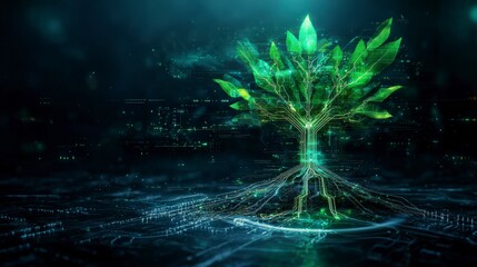 Poster - Futuristic tree of life design digital landscape graphic art high-tech vibrant colors innovative concept
