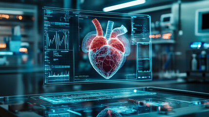 Poster - Futuristic heart surgery setup with holographic display technology