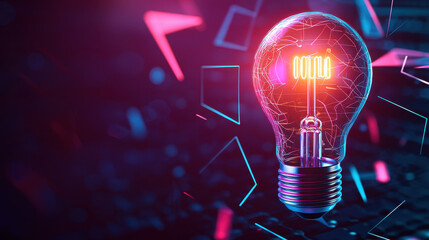 Poster - glowing light bulb with neon effect, surrounded by colorful geometric shapes, creates vibrant atmosphere