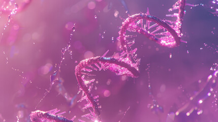 Poster - digital representation of dna strands in vibrant pink hues, showcasing intricate details and shimmer