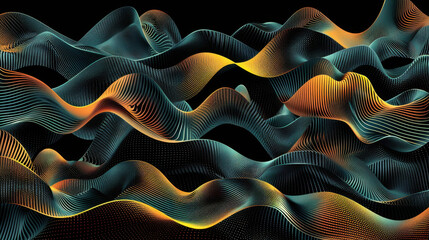 Poster - Abstract wavy lines in vibrant colors create dynamic visual effect, showcasing blend of orange, yellow, and teal against black background