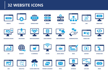 Website icon collection featuring various digital elements, including hosting, domain, security, UI, UX, and e-commerce, representing online technology.