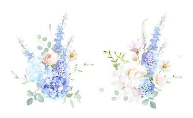 Wall Mural - Bridgerton inspired pastel floral vector design bouquets. Blue delphinium, white peony, daisy, magnolia, pink rose, hydrangea, greenery and plants. All flowers and branches are isolated and movable.