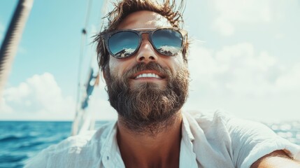 A joyful man smiles widely while enjoying a sunny day at sea, reflecting happiness and freedom, showcasing his sunglasses that mirror the beautiful ocean around him.