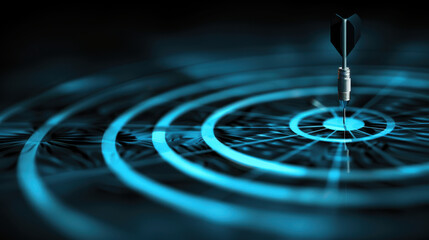 Poster - dart hitting center of blue target, symbolizing precision and focus. concentric circles create sense of depth and clarity in image
