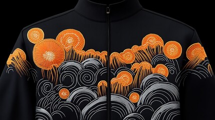 Wall Mural -  black jacket with orange and gray stylized embroidered designs resembling clouds and orbs