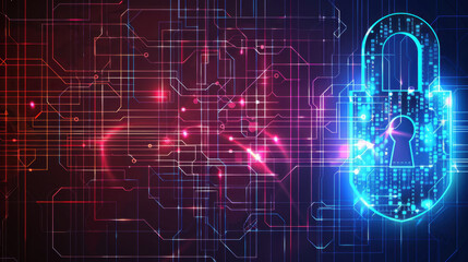 Poster - digital lock symbolizing cybersecurity with glowing circuits