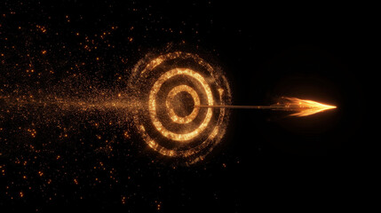 Poster - Golden arrow piercing glowing target, surrounded by sparkling particles, symbolizing precision and focus in dark background